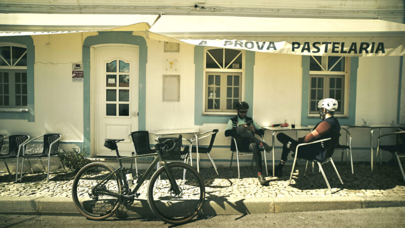 Stop for a cafe mid ride during a gravel bike tour in Portugal